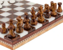 Brown & White Alabaster Chess & Draughts With Inlaid Chest -Chess Shop 14171NS 03