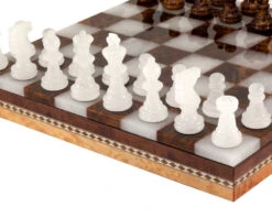 Brown & White Alabaster Chess & Draughts With Inlaid Chest -Chess Shop 14171NS 04