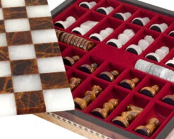 Brown & White Alabaster Chess & Draughts With Inlaid Chest -Chess Shop 14171NS 05