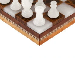 Brown & White Alabaster Chess & Draughts With Inlaid Chest -Chess Shop 14171NS 06