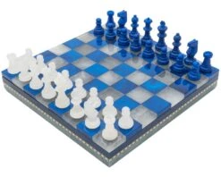 Blue & White Alabaster Chess & Draughts With Inlaid Chest