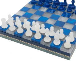 Blue & White Alabaster Chess & Draughts With Inlaid Chest -Chess Shop Blue14171NS 03