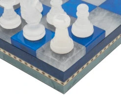 Blue & White Alabaster Chess & Draughts With Inlaid Chest -Chess Shop Blue14171NS 04