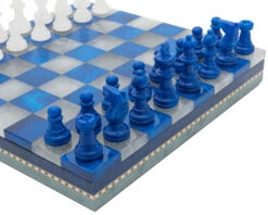 Blue & White Alabaster Chess & Draughts With Inlaid Chest -Chess Shop Blue14171NS 05